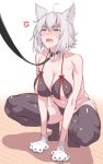  ahoge anger_vein animal_ears bangs black_bra black_legwear black_panties blush bra breasts cat_ears collar collarbone commentary_request eyebrows_visible_through_hair fang fate/grand_order fate_(series) gloves jeanne_d'arc_(alter)_(fate) jeanne_d'arc_(fate)_(all) large_breasts leash legs looking_at_viewer matsunaga_garana navel nipples open_mouth panties paw_gloves paws short_hair silver_hair simple_background solo squatting thighhighs thighs underwear white_background yellow_eyes 