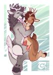  2018 anthro blush brown_fur butt cervine christmas clothing duo erection fur grey_fur holidays hug legwear looking_at_viewer male male/male mammal nude penis reindeer stockings the_secret_cave 