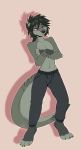  2018 ailuranthropy anthro clothed clothing digital_media_(artwork) fur grey_fur male mammal mustelid otter pink_eyes simple_background solo standing topless 