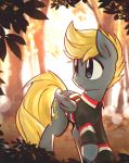  2017 blonde_hair blue_eyes blurred_background clothing cutie_mark equine fan_character feathered_wings feathers friendship_is_magic hair leaves male mammal mirroredsea my_little_pony outside pegasus shirt smile solo tree wings 