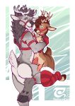 2018 anthro blush bottomless brown_fur butt cervine christmas clothed clothing duo erection fur grey_fur harness holidays hug legwear looking_at_viewer male male/male mammal penis reindeer stockings the_secret_cave 