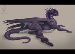  2018 black_bars blue_eyes claws digital_media_(artwork) dragon featureless_crotch female feral hair horn lying membranous_wings minerea on_side open_mouth pinkdragonlove purple_hair purple_scales scales scalie simple_background smile solo teeth tongue western_dragon wings 