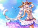  animal_ears armlet bad_id bad_pixiv_id bangs bare_shoulders belt blue_ribbon blue_sky blush bracelet braid breasts brown_eyes cleavage collarbone commentary covered_navel day ears_through_headwear erune flower granblue_fantasy hair_between_eyes hair_tubes hat hat_flower heles hibiscus hips jewelry large_breasts long_hair looking_at_viewer navel open_mouth outdoors ribbon sarong sarong_lift sengen_(avkv8442) sidelocks silver_hair single_braid sky smile solo straw_hat sun_hat sunlight swimsuit thighs very_long_hair white_swimsuit 