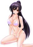  bikini black_hair breasts cleavage commentary_request engo_(aquawatery) feet_out_of_frame idolmaster idolmaster_shiny_colors large_breasts long_hair looking_at_viewer navel ponytail shirase_sakuya simple_background sitting smile solo swimsuit white_background white_bikini yellow_eyes yokozuwari 