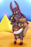  2018 5_fingers 5_toes anubian_jackal black_fur black_hair breasts canine claws clothing desert detailed_background digital_media_(artwork) egyptian female footwear fur hair hair_ornament holding_object holding_weapon jackal loincloth long_hair mammal markings melee_weapon poncho purple_eyes pyramid sand sandals seshafi sirphilliam sky solo spiral_eyes standing sword toes weapon yellow_markings yellow_sclera 