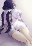  ass bed bed_sheet facing_away from_behind highres kate_iwana kneepits long_hair long_sleeves looking_away love_live! love_live!_school_idol_project low_twintails lying pajamas pantylines pillow pillow_hug purple_hair scrunchie short_shorts shorts solo toujou_nozomi twintails very_long_hair white_scrunchie 