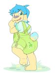  anthro baby blue_eyes blue_hair canine clothing cub cuddlehooves diaper dog drooling fur hair looking_back male mammal overalls saliva smile yellow_fur young 