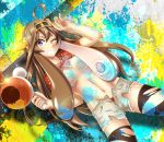  ahoge ass_visible_through_thighs bangs black_legwear blush breasts fingernails groin hair_between_eyes hair_censor hair_intakes hairband hand_up highres holding kantai_collection kongou_(kantai_collection) legs_apart long_hair luna_blaster_(splatoon) medium_breasts midriff navel one_eye_closed open_fly paint paint_splatter panties red_panties red_shirt shirt shorts solo splatoon_(series) stomach straight_hair suction_cups sweat t-shirt teeth tentacle_hair thighhighs tom_(drpow) torn_clothes torn_legwear torn_shirt torn_shorts underwear v-shaped_eyebrows white_shorts 