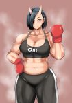  1girl abs bare_shoulders black_hair boxing_gloves breasts cleavage collarbone commentary_request cowboy_shot dated earrings elf-san_wa_yaserarenai. fang hair_over_one_eye horns jewelry large_breasts leggings muscle muscular_female oga-san oni pointy_ears shibusun short_hair smile solo sports_bra sportswear standing sweat twitter_username yellow_eyes 