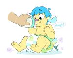  age_regression anthro baby baby_bottle blue_eyes blue_hair brown_nose canine cub cuddlehooves diaper dog drinking fur hair male mammal milk sitting yellow_fur young 