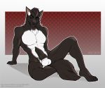  abs animal_genitalia animal_penis black_fur canine canine_penis erection fur knot llmixll male mammal marcus_furrius_camillus_(lexthewolf) muscular nude penis pinup pose red_eyes solo spreading wolf 