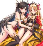  arm_support ass asymmetrical_legwear asymmetrical_sleeves bangs bare_shoulders between_breasts black_bow black_dress black_legwear black_panties blonde_hair blush bow breasts brown_hair cape cleavage closed_mouth collarbone commentary detached_sleeves dress earrings ereshkigal_(fate/grand_order) eyebrows_visible_through_hair fate/grand_order fate_(series) fingernails gold_trim groin hair_bow highres hood hood_down hooded_cape infinity ishtar_(fate/grand_order) jewelry large_breasts long_hair long_legs long_sleeves looking_at_viewer lying multicolored multicolored_cape multicolored_clothes multiple_girls on_back on_side panties parted_bangs red_bow red_cape red_eyes revealing_clothes simple_background single_detached_sleeve single_sleeve single_thighhigh skull smile spine swordsouls thighhighs tiara two_side_up underwear very_long_hair white_background yellow_cape 