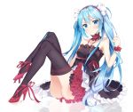  7th_dragon_(series) 7th_dragon_2020 7th_dragon_2020-ii absurdres ass black_legwear blue_eyes blue_hair bracelet choker collarbone dress full_body hair_between_eyes hairband hatsune_miku high_heels highres jewelry layered_dress long_hair looking_at_viewer pumps red_footwear red_hairband red_ribbon ribbon short_dress simple_background sitting sleeveless sleeveless_dress solo thighhighs timins twintails very_long_hair vocaloid white_background 