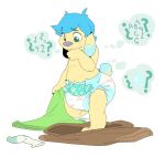  age_regression anthro baby blue_eyes blue_hair canine cub cuddlehooves diaper dog fur hair mammal simple_background sucking thumb_suck white_background yellow_fur young 