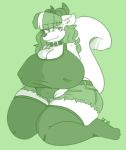 anthro big_breasts breasts clothed clothing collar dogfluid female green_theme horn huge_breasts hybrid hyper hyper_breasts kneeling legwear mammal nipple_bulge overweight skunk smile solo thigh_highs 