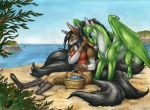  2018 anthro beach black_hair blue_eyes breasts canine day detailed_background digitigrade dragon duo female feral fox hair mammal membranous_wings natoli outside purple_eyes sand scalie seaside sitting sky standing traditional_media_(artwork) western_dragon wings 