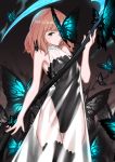  absurdres animal armpits bare_arms bare_shoulders black_legwear black_leotard breasts brown_eyes brown_hair bug butterfly character_request closed_mouth commentary_request dress forever_7th_capital glowing highres holding holding_scythe insect leotard long_hair looking_at_viewer medium_breasts one_eye_covered scythe see-through sleeveless sleeveless_dress solo thighhighs wu_lun_wujin 