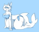  all_fours anthro blue_theme bra breasts clothing dogfluid female fish hair looking_at_viewer marine shark slightly_chubby smile solo thick_thighs underwear 