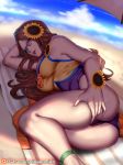  alternate_costume arm_up bare_arms bare_shoulders beach beach_towel beach_umbrella blue_sky bow breasts cameltoe cloud cloudy_sky commentary_request day feet_out_of_frame fingernails fisheye flower hair_flower hair_ornament highres horizon kumiko_shiba large_breasts league_of_legends leona_(league_of_legends) lips long_fingernails long_hair looking_at_viewer lying multicolored multicolored_clothes multicolored_swimsuit nail_polish nose ocean on_side one-piece_swimsuit orange_bow orange_eyes orange_hair outdoors parted_lips pink_nails pool_party_leona purple_swimsuit sand shade skindentation sky solo sunflower sunglasses swimsuit thick_thighs thighs towel trefoil umbrella wrist_flower yellow_flower 