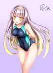  :d arms_behind_back bare_shoulders blonde_hair blush breasts collarbone commentary_request competition_swimsuit covered_navel eyebrows_visible_through_hair gradient gradient_background highres kiku_ichimonji_norimune_(tenka_hyakken) lavender_hair long_hair looking_at_viewer multicolored_hair nagishy one-piece_swimsuit open_mouth signature simple_background smile solo swimsuit tenka_hyakken yellow_eyes 