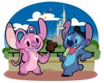  2018 4_fingers alien alpha_channel angel_(lilo_and_stitch) angoraram antennae back_markings balloon big_ears blue_claws blue_eyes blue_fur blue_nose castle chest_markings chest_tuft cinderella_castle claws digital_drawing_(artwork) digital_media_(artwork) disney disney_parks duo empty_eyes experiment_(species) eyelashes food fur hand_on_face happy hat head_tuft holding_food holding_object ice_cream_bar leaning licking lilo_and_stitch markings mickey_ears_hat notched_ear open_mouth open_smile pink_fur pointing popsicle purple_claws purple_eyes purple_mouth purple_nose purple_tongue railing saliva signature sky small_tail smile standing stitch tongue tongue_out tuft 