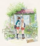  :d asagao_to_kase-san bag bag_charm between_breasts blonde_hair breasts brown_hair charm_(object) flower holding_pot jacket kase_tomoka key_visual kneehighs loafers multiple_girls official_art open_door open_mouth plaid plaid_skirt plant potted_plant red_neckwear school_bag school_uniform shirt shoes short_hair skirt smile sneakers strap_cleavage sweater_vest track_jacket tree vines white_shirt yamada_yui 