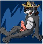  3_toes anthro big_feet big_toes canine cowboy_hat coyote digital_media_(artwork) fatalsyndrome hair half-closed_eyes hat male mammal mullet nude penis presenting sitting solo southern stuart_k_reilly_(character) toes 