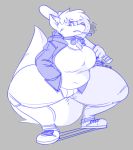  anthro baseball_bat canine cigarette clothed clothing collar crouching dogfluid female looking_at_viewer mammal overweight overweight_female restricted_palette solo thick_thighs 