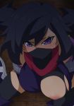  ayame_(gundam_build_divers) black_hair black_legwear blush boots breasts covered_mouth eeshin_(eishin5584) face_mask from_above gundam gundam_build_divers japanese_clothes large_breasts long_hair looking_at_viewer low_ponytail mask ninja ninja_mask nose_blush one_breast_out pointy_ears ponytail purple_eyes red_scarf scarf solo thigh_boots thighhighs torn_clothes 