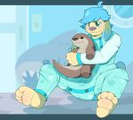  anthro blue_eyes blue_hair blush canine clothing cuddlehooves diaper dog embarrassed fish fur hair infantilism inside male mammal marine mustelid onesie otter pajamas plushie shark solo yellow_fur 