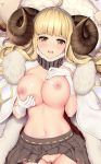  ahoge anila_(granblue_fantasy) bangs blonde_hair blunt_bangs blush breasts brora brown_eyes cape commentary_request draph eyebrows_visible_through_hair fur_trim gloves granblue_fantasy grey_skirt hands_on_own_chest horns large_breasts long_hair looking_at_viewer navel nipples no_panties open_mouth pleated_skirt sheep sheep_horns short_eyebrows skirt skirt_lift solo stuffed_animal stuffed_toy thick_eyebrows wavy_hair white_gloves 