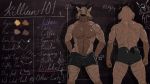 2018 abs anthro beard black_nose brown_fur brown_hair brown_skin bulge clothed clothing english_text facial_hair facial_piercing feline fur gloves_(marking) hair hand_on_butt killian killianwalker looking_at_viewer lynx male mammal markings model_sheet multicolored_fur muscular muscular_male nose_piercing nose_ring orange_eyes piercing short_tail smile solo standing stripes text tight_underwear topless two_tone_fur underwear 