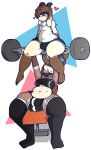  &lt;3 anthro big_bulge bulge caprine clothed clothing dickgirl dogfluid duo exercise goat horn hyena intersex legwear male mammal overweight thigh_highs weightlifting workout 