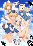  6+girls ;) =_= aleksandra_i_pokryshkin animal_ears bare_shoulders barefoot bear_girl bird black_legwear black_neckwear blonde_hair blue_eyes blue_jacket blue_ribbon blue_shirt brave_witches breast_grab breasts brown_footwear brown_hair bunny_ears closed_eyes closed_mouth cloud cloudy_sky collarbone crossed_arms day dress_shirt edytha_rossmann eyebrows_visible_through_hair flying georgette_lemare grabbing green_eyes grey_eyes grey_hair gundula_rall hair_ribbon hand_in_panties heart highres holding hug hug_from_behind iwami_kyuuto jacket kanno_naoe karibuchi_hikari karibuchi_takami ladle large_breasts long_sleeves medium_breasts military military_uniform multiple_girls navel neck_ribbon no_bra no_pants off_shoulder one_eye_closed open_clothes open_mouth open_shirt outdoors outstretched_arms panties ribbon shimohara_sadako shirt shirt_tug shoes silhouette_demon sky small_breasts smile socks spread_arms standing steam striker_unit tail tasting twintails underwear uniform waltrud_krupinski white_jacket white_panties white_shirt wing_collar world_witches_series 