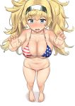  absurdres alternate_costume american_flag_bikini bare_legs bikini blonde_hair blue_eyes blush breasts cleavage collarbone commentary_request embarrassed eyebrows_visible_through_hair flag_print from_above gambier_bay_(kantai_collection) groin hair_between_eyes hairband hands_up highres hips kantai_collection large_breasts long_hair md5_mismatch messy_hair navel open_mouth simple_background solo soushou_nin stomach swimsuit tears twintails white_background worried 