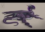  2018 anus black_bars blue_eyes claws digital_media_(artwork) dragon female feral hair horn lying membranous_wings minerea on_side open_mouth pinkdragonlove purple_hair purple_scales pussy scales scalie simple_background smile solo teeth tongue western_dragon wings 