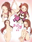  :d ;) alternate_hairstyle ass barefoot birthday black_hairband blush breasts brown_hair cleavage cleavage_cutout collarbone commentary_request covering covering_breasts dress feet fingerless_gloves gloves gym_uniform hairband hat highres idolmaster idolmaster_(classic) kneehighs legs_apart legs_together long_hair lying minase_iori multiple_views no.gomesu nude on_stomach one_eye_closed open_mouth pink_dress pink_eyes pink_skirt ponytail skirt smile soles swimsuit the_pose toes top!_clover 