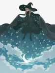  black_clothes black_footwear blonde_hair cape cape_lift closed_eyes cloud commentary_request crescent_moon dress drill_hair highres monaka_(siromona) moon night night_sky original sky solo star_(sky) starry_moon starry_sky starry_sky_print witch 