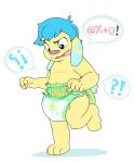  age_regression anthro baby blue_eyes blue_hair brown_nose canine confusion cub cuddlehooves diaper dog fur hair male mammal standing yellow_fur young 