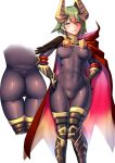 abs ass blush bodysuit breasts cape commentary_request covered_navel covered_nipples fire_emblem fire_emblem_heroes greaves green_hair hands_on_hips harihisa horns impossible_bodysuit impossible_clothes laegjarn_(fire_emblem_heroes) large_breasts lips red_eyes short_hair skin_tight solo toned vambraces white_background 