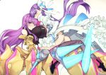  ass blue_eyes breasts claws fate/extra fate/extra_ccc fate_(series) hair_ribbon honda_(obon) huge_breasts juliet_sleeves long_hair long_sleeves looking_at_viewer looking_back meltlilith multiple_girls passion_lip puffy_sleeves purple_eyes purple_hair purple_ribbon ribbon sidelocks sitting sitting_on_person smile thighhighs very_long_hair white_ribbon 