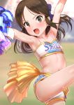  arms_up bangs bare_shoulders blue_bow blurry blurry_background blush bow breasts brown_eyes brown_hair cheerleader clothes_writing collarbone commentary_request crop_top depth_of_field eyebrows_visible_through_hair hair_bow holding idolmaster idolmaster_cinderella_girls looking_at_viewer midriff navel open_mouth parted_bangs pettan_p pom_poms short_shorts shorts small_breasts solo standing standing_on_one_leg tachibana_arisu v-shaped_eyebrows 