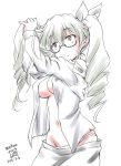  anchovy anzio_school_uniform artist_name bangs black-framed_eyewear black_ribbon breasts commentary_request dated drill_hair eyebrows_visible_through_hair girls_und_panzer glasses green_hair hair_half_undone hair_ribbon highres iwami_kyuuto long_hair looking_up medium_breasts navel no_bra open_clothes open_shirt pajamas panties pants pants_pull parted_lips red_eyes ribbon shirt signature simple_background standing twin_drills twintails underwear upper_body white_background white_panties white_pants white_shirt 