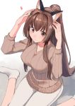  alternate_costume animal_ears blush breasts brown_hair cat_ears collarbone commentary_request fake_animal_ears flower gradient gradient_background hair_flower hair_intakes hair_ornament hands_on_own_head highres kantai_collection large_breasts long_hair long_sleeves looking_at_viewer masukuza_j medium_breasts pants pink_eyes ponytail ribbed_sweater shadow sidelocks sitting smile socks solo sweater very_long_hair wariza white_background white_footwear white_legwear white_pants yamato_(kantai_collection) 