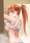  back bad_id bad_pixiv_id blush breasts ear_blush fang full_metal_panic! full_metal_panic!_invisible_victory long_hair looking_at_viewer looking_back medium_breasts nami_(full_metal_panic!) open_mouth orange_hair ponytail powhway see-through shower_curtain solo steam sweat tank_top underboob undressing upper_body yellow_eyes 
