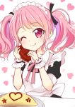  ;q alternate_costume apron bang_dream! bangs black_ribbon blush commentary_request enmaided eyebrows_visible_through_hair food hair_ribbon heart heart_background ketchup ketchup_bottle looking_at_viewer maid maid_headdress maruyama_aya neck_ribbon omurice one_eye_closed ousawa_kanata pink_eyes pink_hair pink_neckwear plate ribbon sidelocks solo tongue tongue_out twintails upper_body white_apron wrist_cuffs 