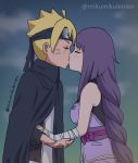  1girl ariamikukanzaki blonde_hair blush boruto:_naruto_next_generations braid cloak closed_eyes hetero highres kakei_sumire kiss long_braid long_hair naruto naruto_(series) purple_hair scar scar_across_eye single_braid spiked_hair tattoo twitter_username uzumaki_boruto very_long_hair whisker_markings 