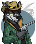  2015 anthro black_nose canine clothed clothing cowboy_hat coyote digital_media_(artwork) fatalsyndrome gun hair half-closed_eyes handgun hat mammal mullet ranged_weapon revolver smug southern stuart_k_reilly_(character) weapon 