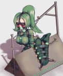  1girl ball_gag blindfold blush bodysuit bondage breasts comission emerald geomancer green_bodysuit green_hair heels kagyakusetsu padlock padlocked_collar predicament_bondage restrained sensory_deprivation straitjacket very_long_hair vibrator wooden_horse 