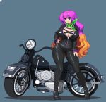  bangs belly biker_clothes bikesuit breasts cleavage curvy eyebrows_visible_through_hair gradient_hair green_scarf ground_vehicle hand_on_hip hijiri_byakuren huge_breasts light_brown_hair long_hair long_sleeves looking_at_viewer lowres motor_vehicle motorcycle multicolored_hair pixel_art pose purple_eyes purple_hair scarf shiny shiny_clothes sideways_glance solo standing takorin thigh_gap thighs touhou turbo_byakuren very_long_hair wide_hips 